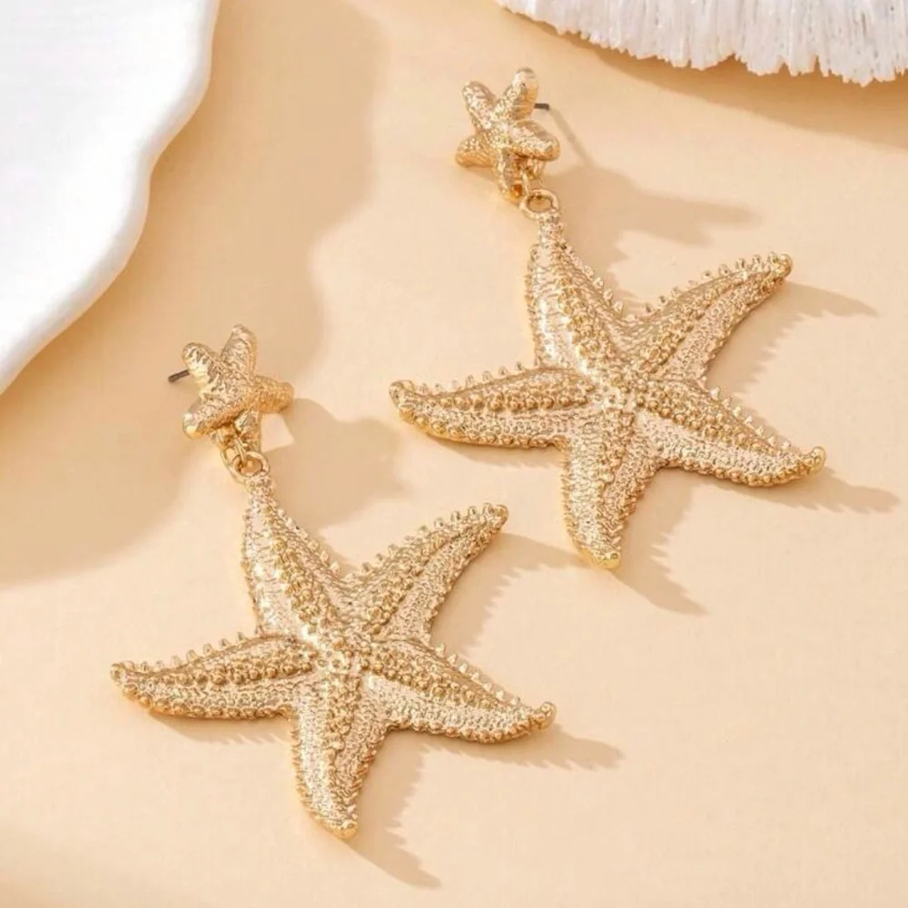 Fashion Statement Starfish Beach Ocean Gold Plated Dangle Drop Earrings